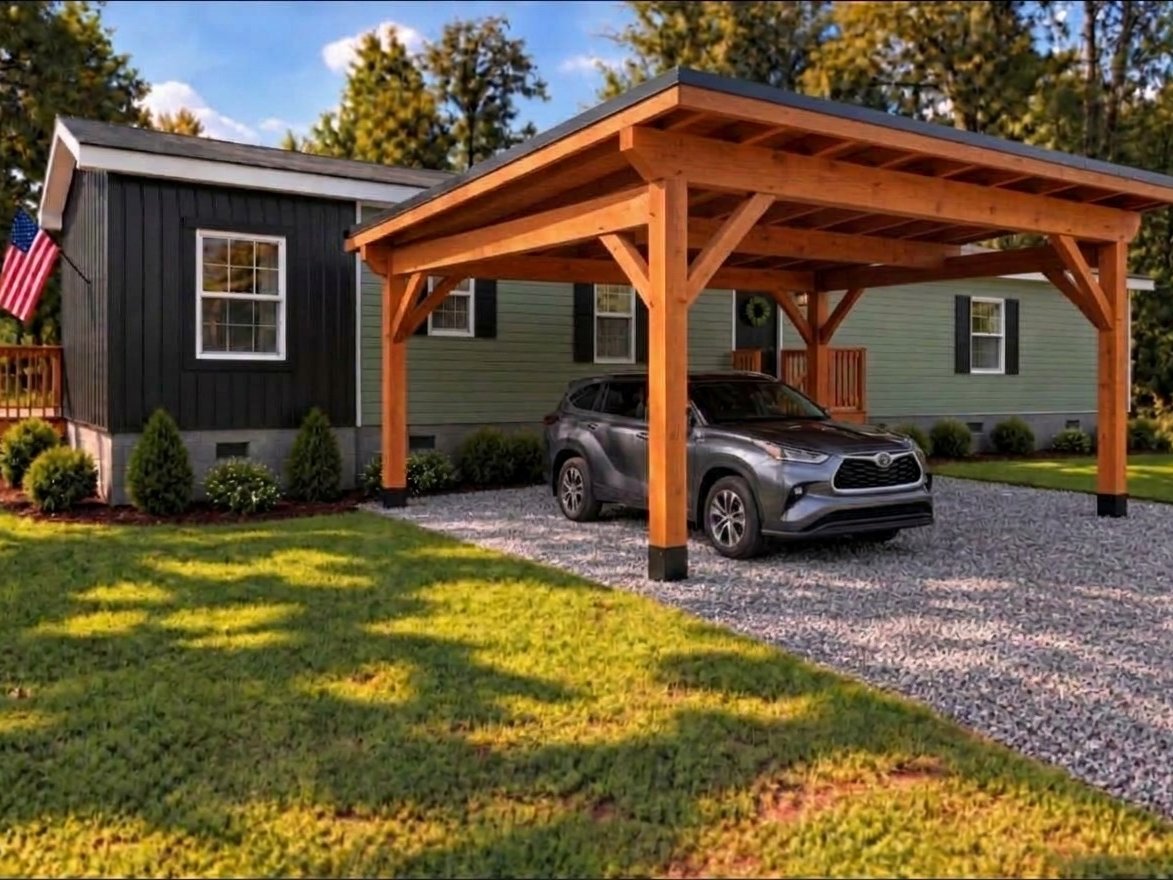 Timber-frame carport design rendering